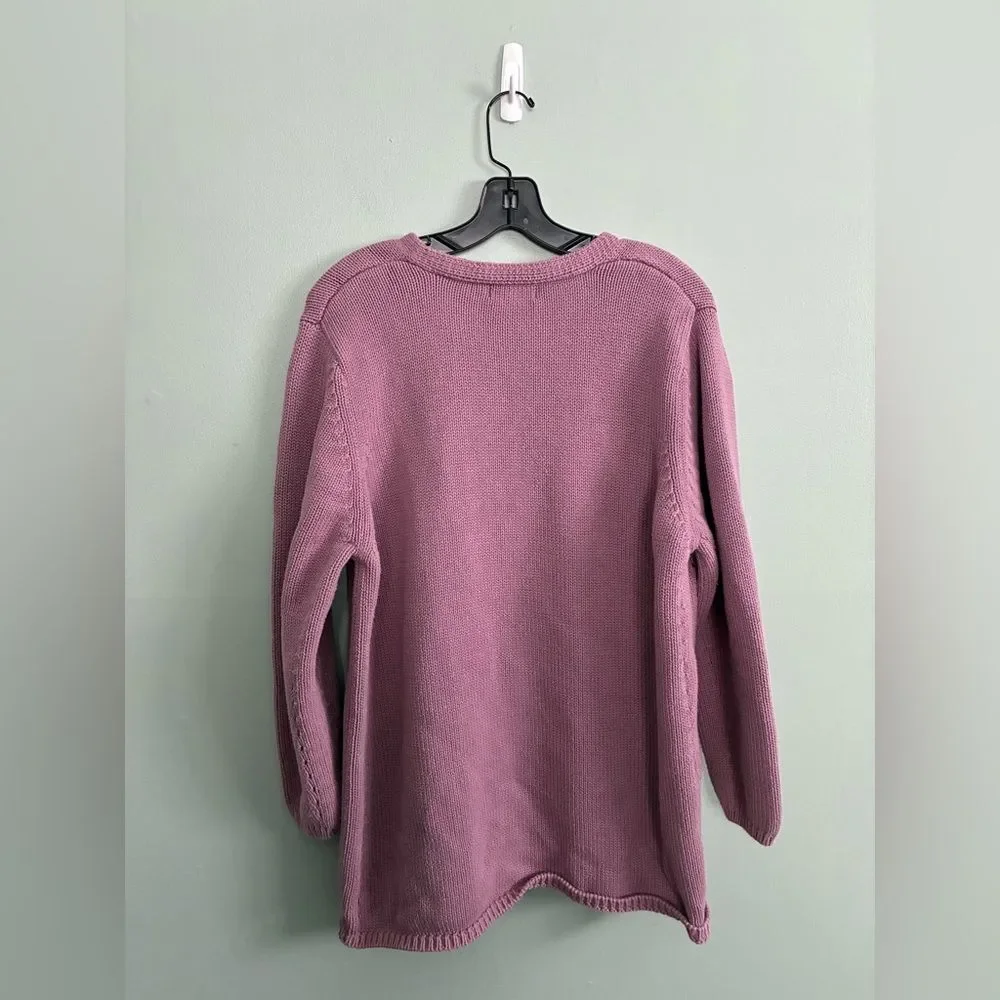 L.L. Bean Lilac Women's V-Neck Cable Knit Long Combed Cotton Sweater SZ XL - Picture 4 of 4